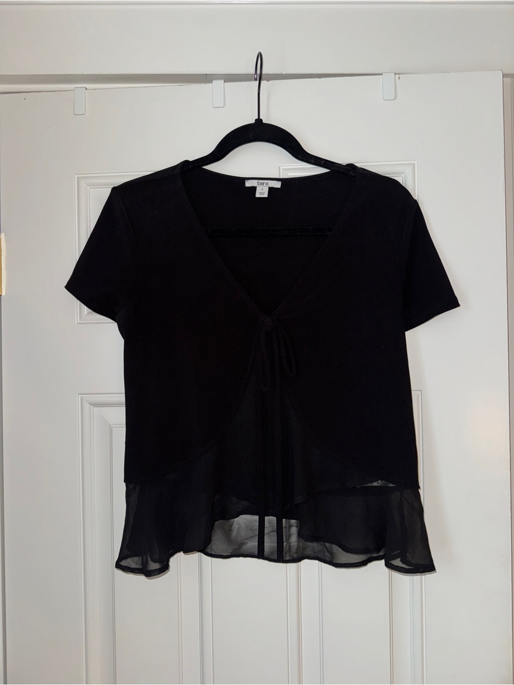 Bar III Black Short Sleeve V-Neck Tie-Front Top